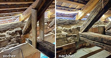 vorher / nachher eines Knotenpunktes der Dachkonstruktion