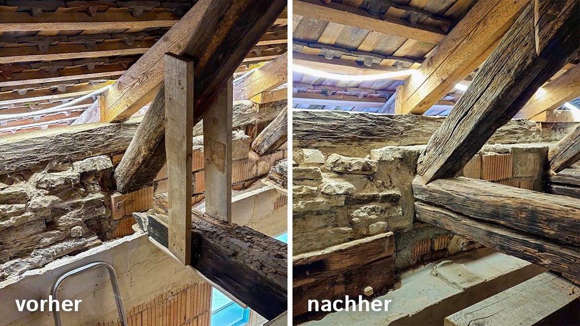 vorher / nachher eines Knotenpunktes der Dachkonstruktion
