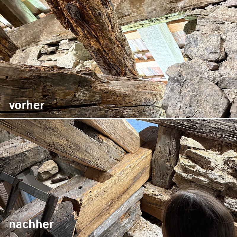 Vorher / Nachher eines Knotenpunktes einer Dachkonstruktion